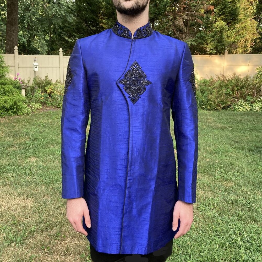 Custom Royal Blue Jacket Style Achkan / Sherwani, Hand Beaded Accents, Like New